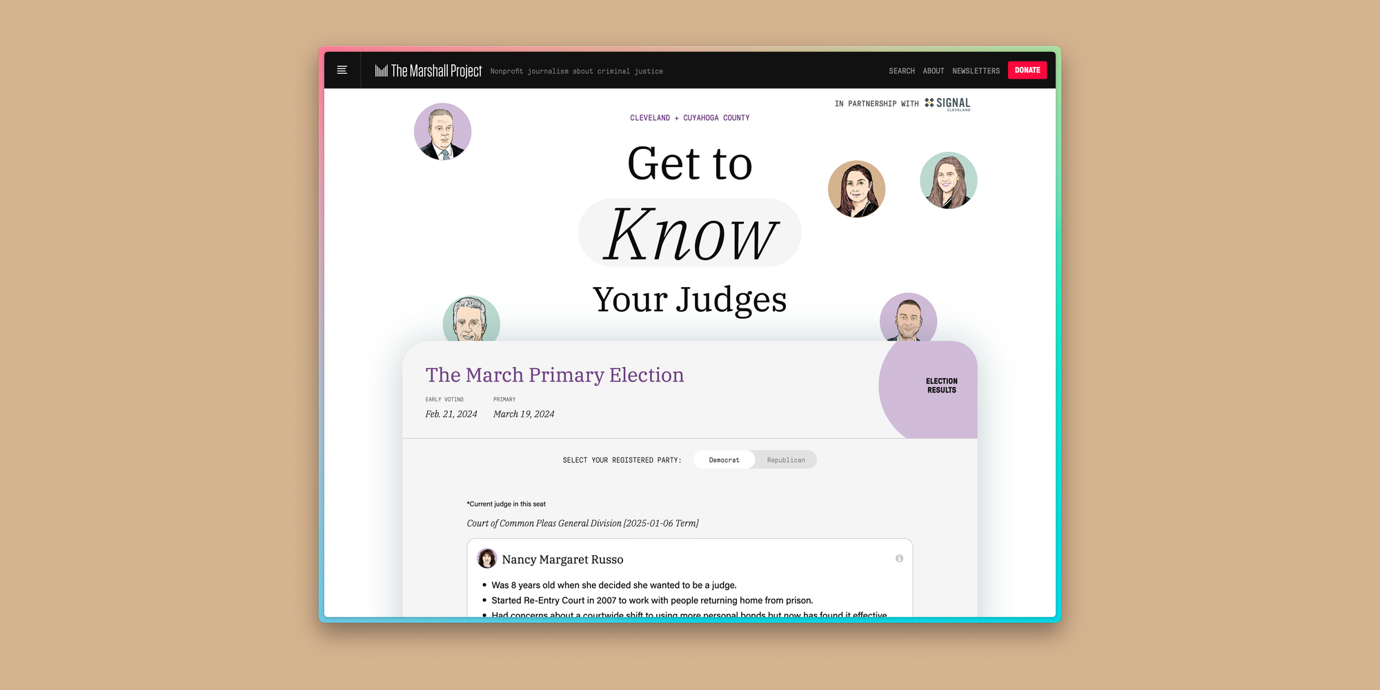 An illustration shows circles with portraits of five judge candidates and the text: “Get to Know Your Judges,” and "The March Primary Election".  