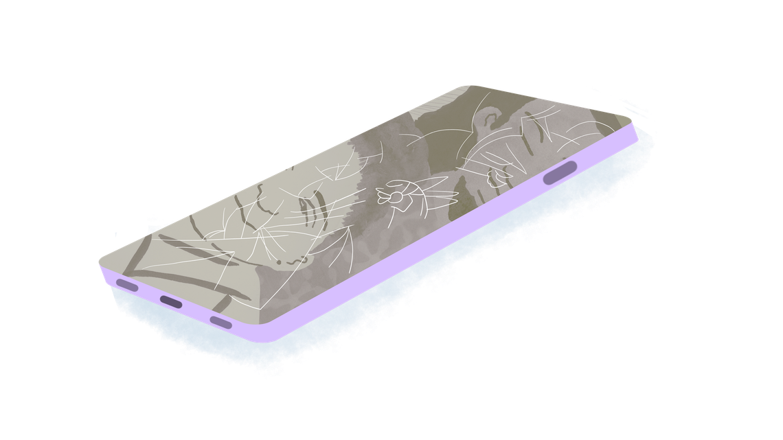 An illustration of a cracked smartphone displaying an image of a White person and a Black person smiling together. 