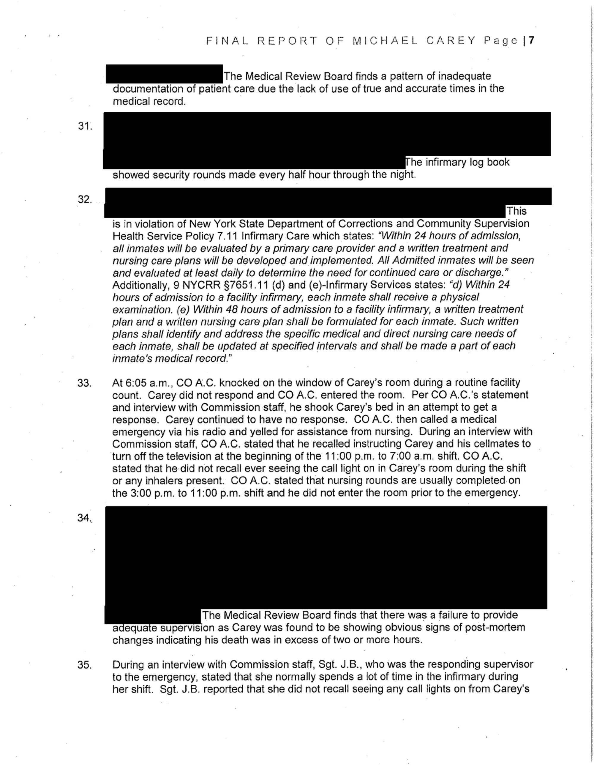 A page of text (number seven of nine) in a report on Michael Carey’s death shows redactions in the form of black rectangular blocks over text. 