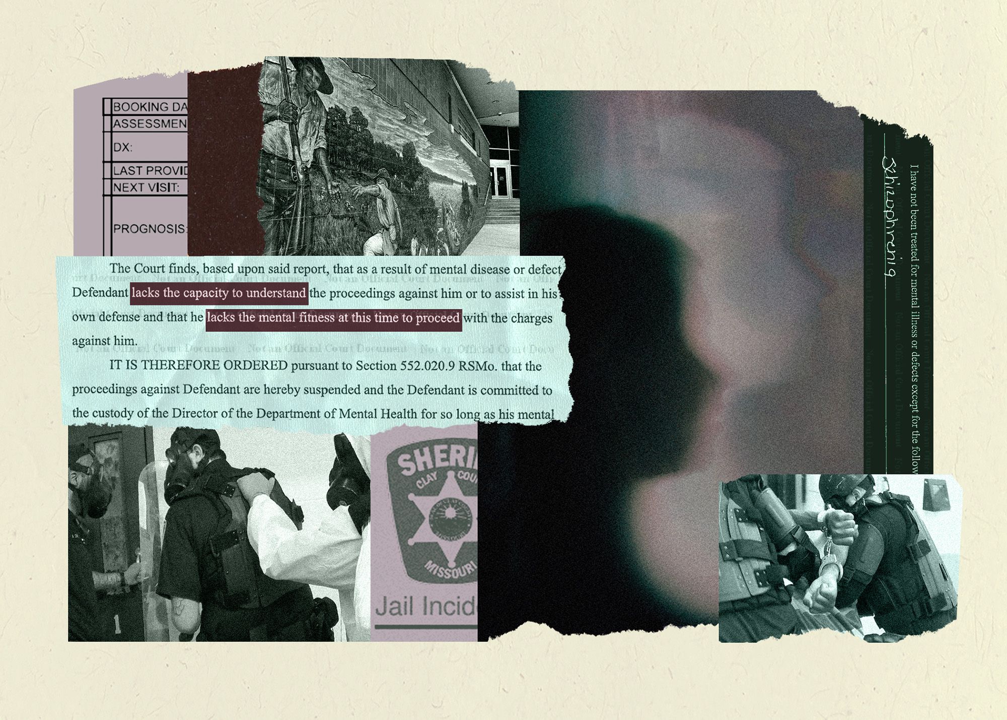 A collage shows images of clippings of legal documents, officers holding a shield in front of a cell door, a silhouette of a person, a logo of the Clay County Sheriff’s Office, a mural and two officers holding a person who is handcuffed. 
