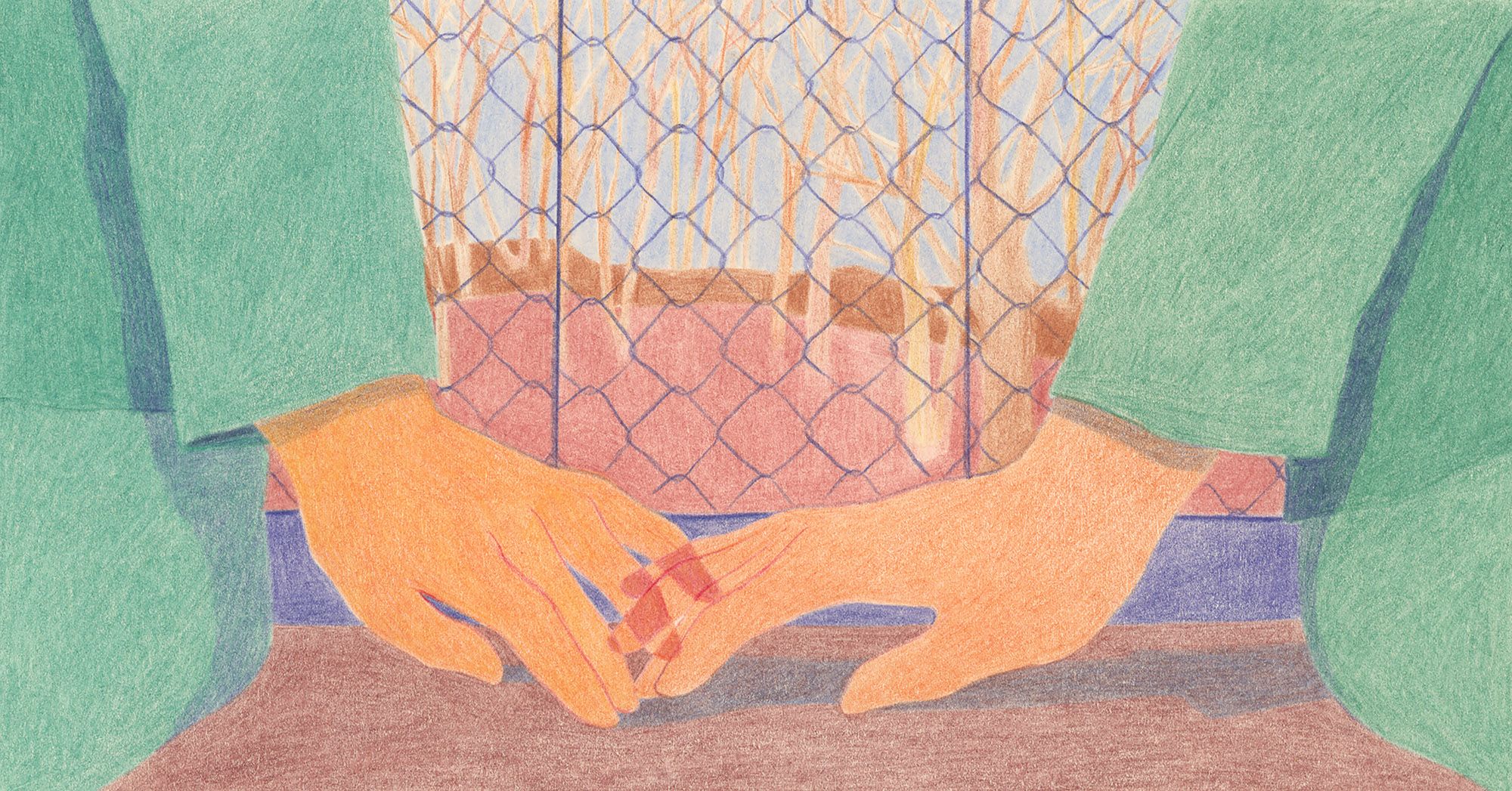 An illustration shows two people, wearing green uniforms, with their medium-skin toned hands touching each other. They sit on a brown bench against a gray wired fence. 