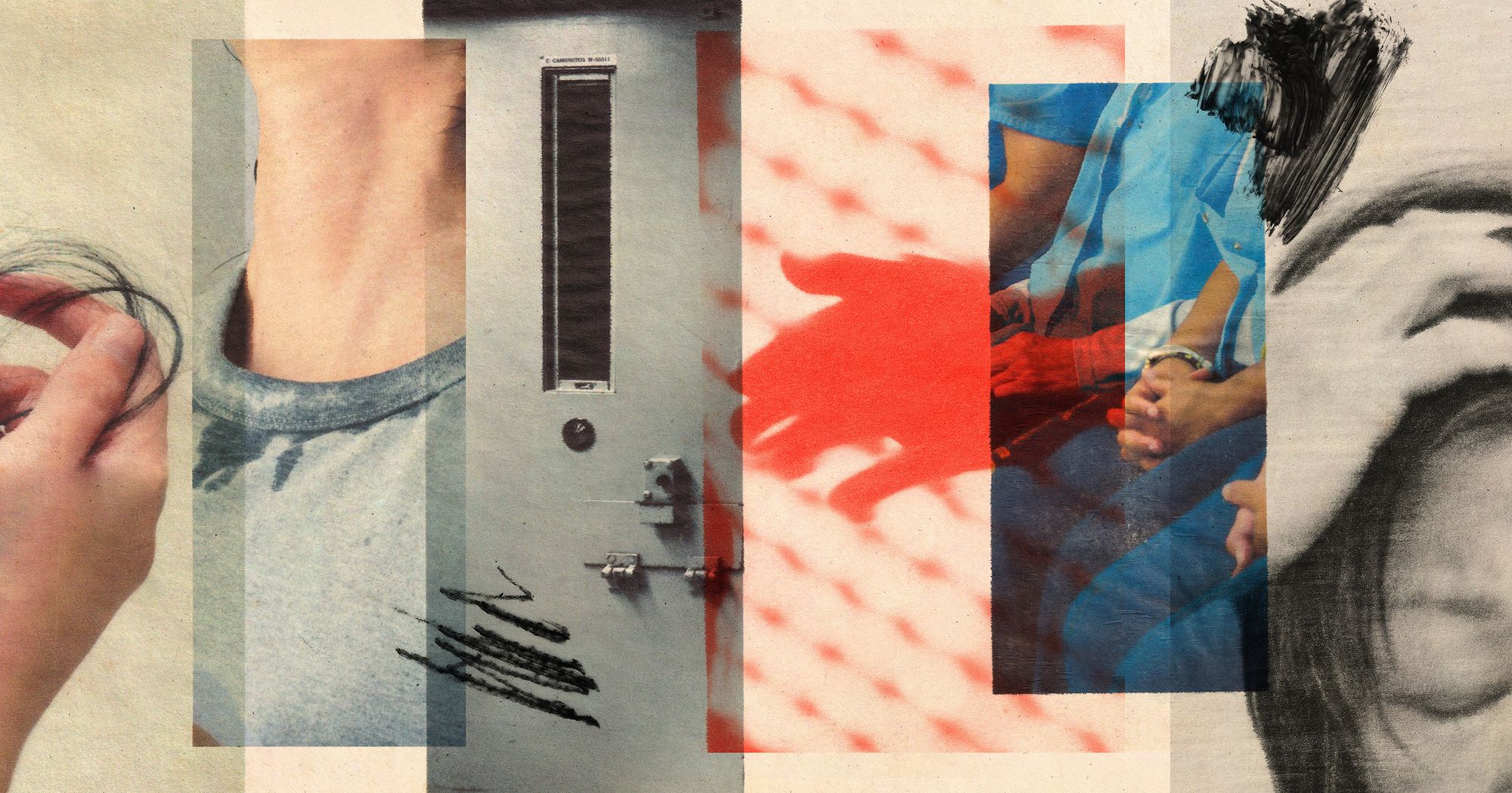 A photo collage shows, from left: a hand holding strands of hair; a person sweating; a prison door with a hand-drawn scribble over the bottom of the photo; a hand in shades of red over fencing; anonymous women in blue prison uniforms sitting on chairs in a row; a woman holding her head, with a paint scribble over the top of the image. 