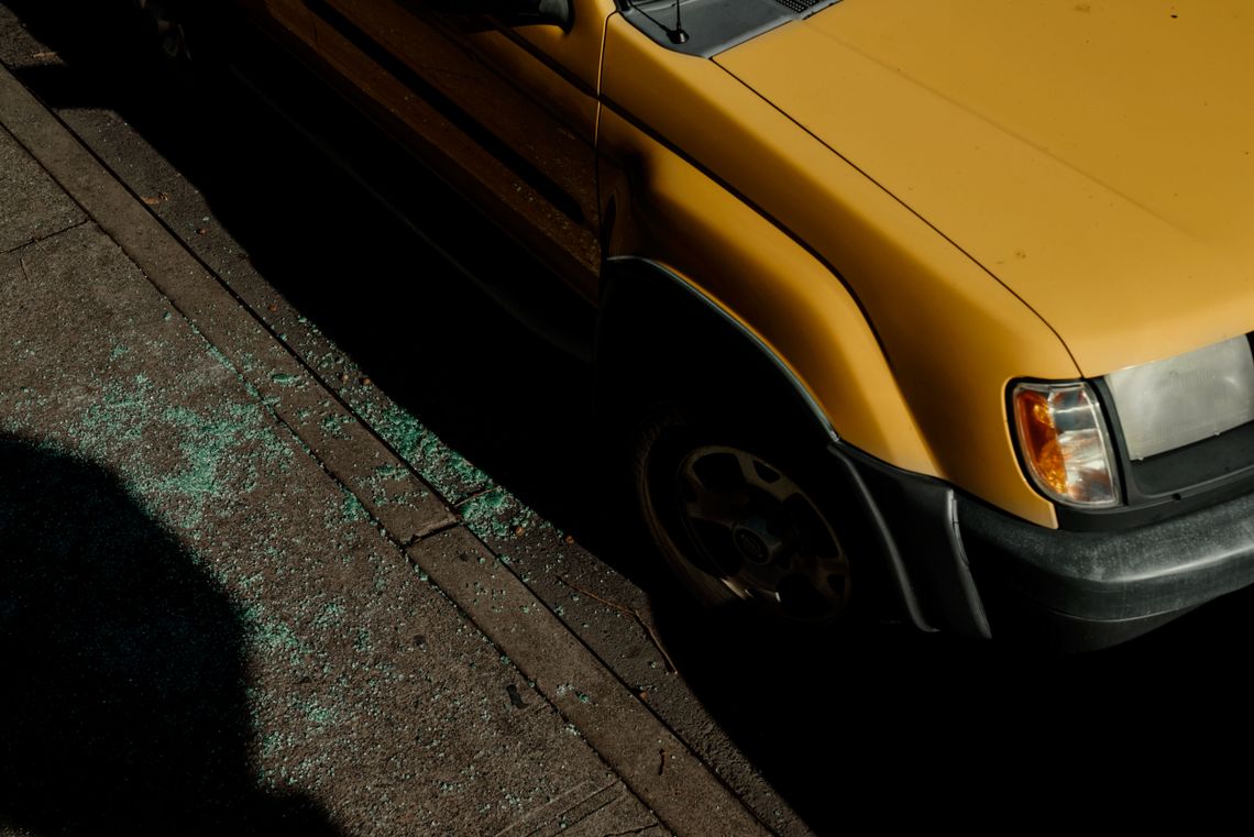 Shattered glass from a vehicle near the Palace of Fine Arts in San Francisco in December.  