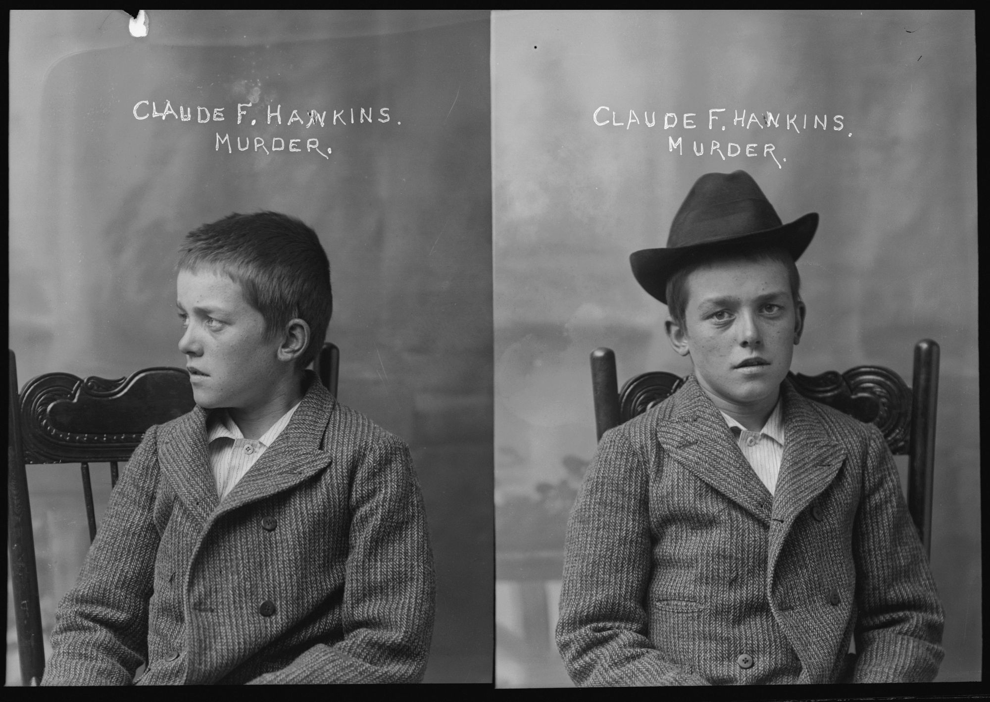 A black-and-white photo shows side-by-side mug shots of a White boy facing the camera and in profile. Above his head and written on the photo is “Claude F. Hankins, Murder.” 