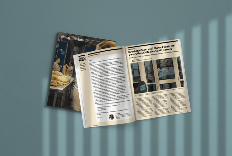 A magazine spread overlaid on a magazine titled News Inside. The page says “Ohio Focus.” Light refracted through prison bars shines onto the magazine.