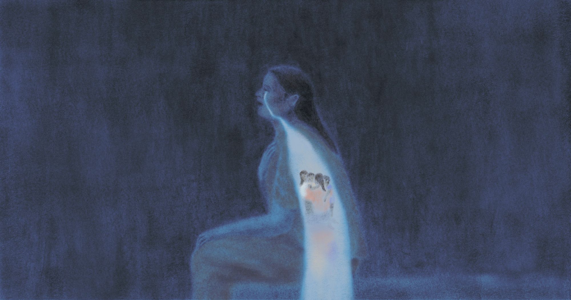 A side profile of a woman sitting on a bed, in a dark room with a black-blue slate background. She is singing, as tears flow down her left cheek and as the flow descends down her left shoulder, it begins to widen into a wider flow. In the flow are pictured memories of her hugging her children.  