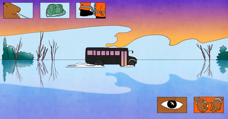 An illustration shows a black school bus driving through a light blue lake with bare trees and bushes. Five smaller panels at the edge of the illustration suggest an incarcerated person is traveling, showing a nasal swab test, a bag, shackles, an eye and handcuffs. 