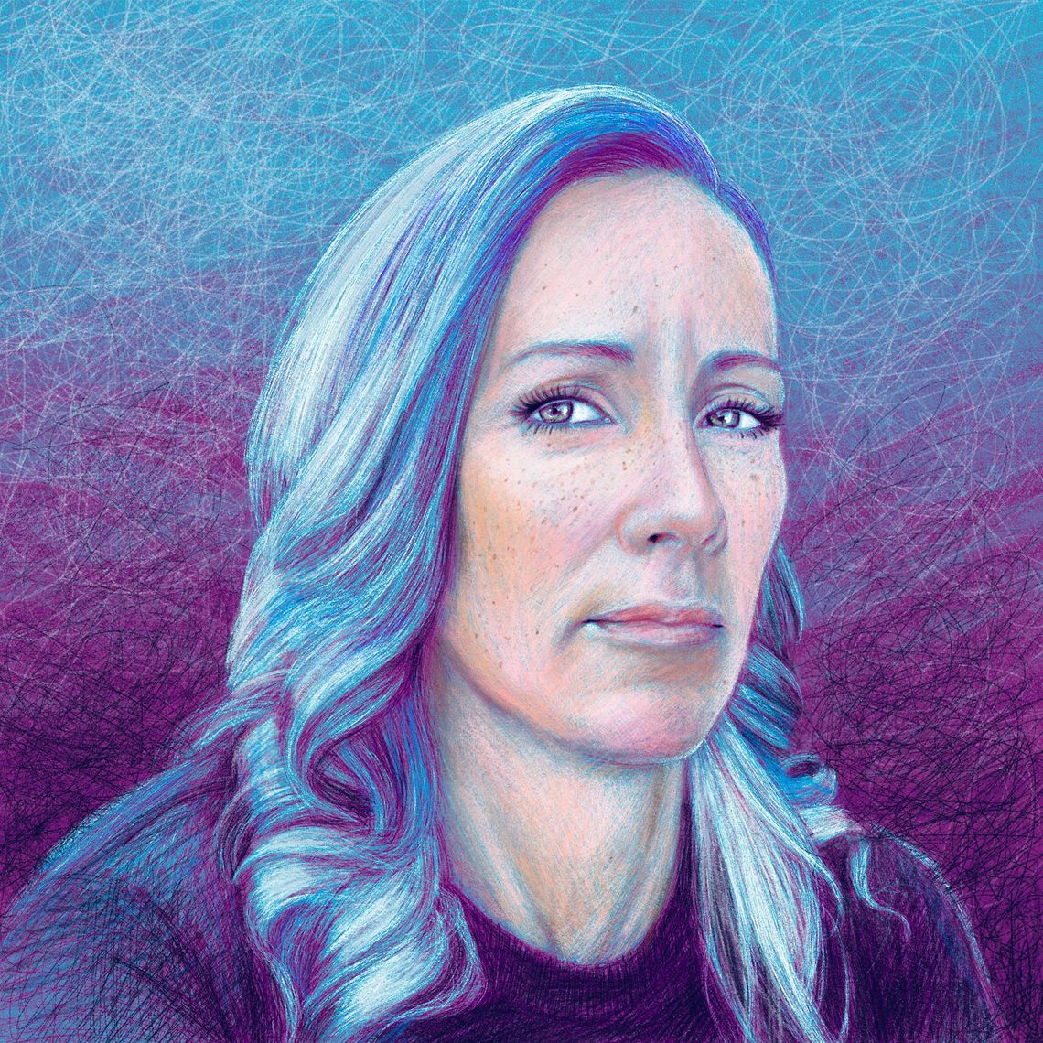 An illustration shows a portrait of a White woman with blue hair and green eyes, wearing a black T-shirt. 