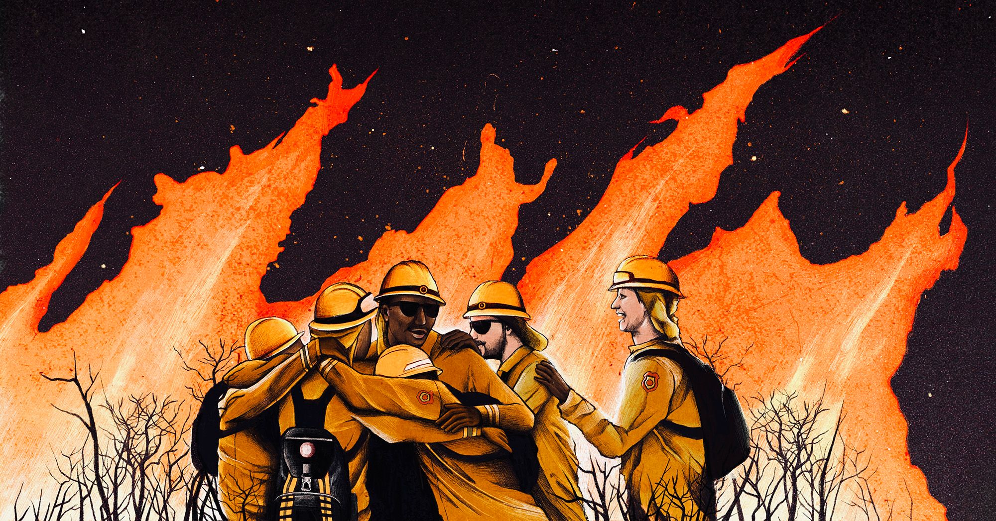 An illustration shows firefighters in a group hug, a Black man in the center welcoming a White man walking up, surrounded by bare tree branches and with a big fire in the background.