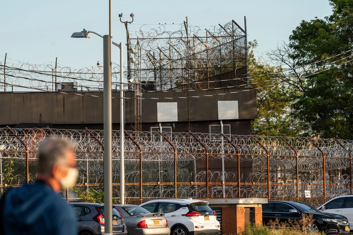 A security fence surrounds housing for incarcerated people at the Rikers Island correctional facility in New York on Sept. 27, 2021.