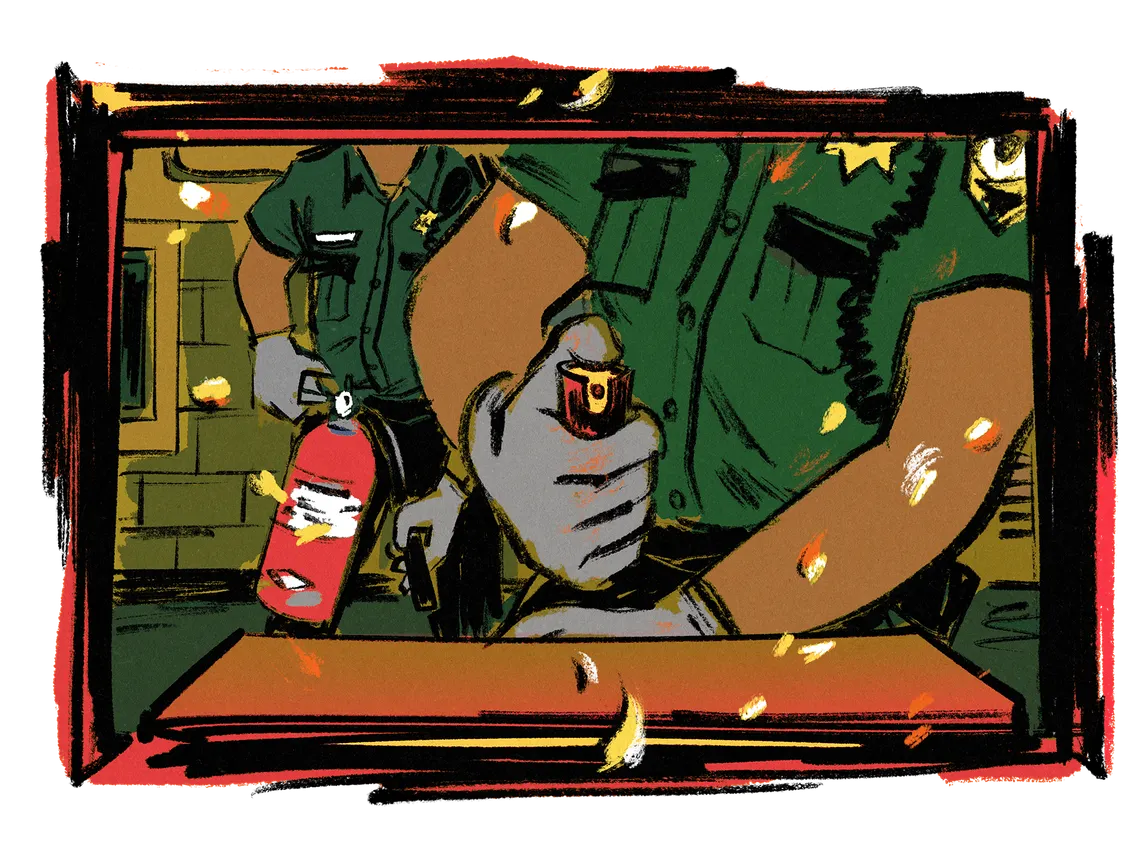 An illustration shows a prison guard wearing gloves, holding a can of pepper spray outside the slot of a cell door. A second guard stands in the back holding a red fire extinguisher.