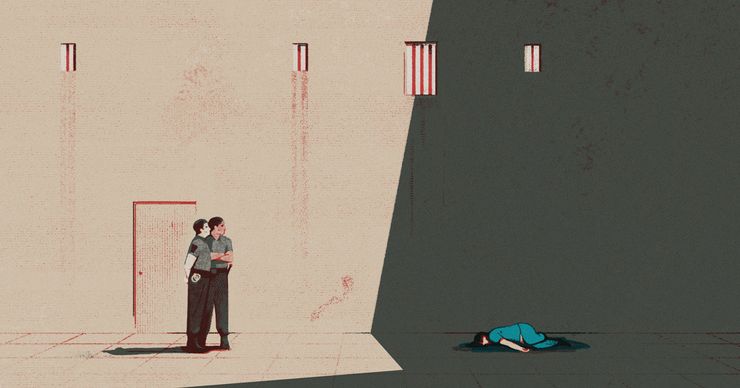 An illustration depicts two correctional officers dressed in gray shirts and black pants standing in front of a beige wall with barred windows high above them. At a distance in shadows lies the body of an incarcerated person wearing an teal prison jumpsuit crumpled on the floor.