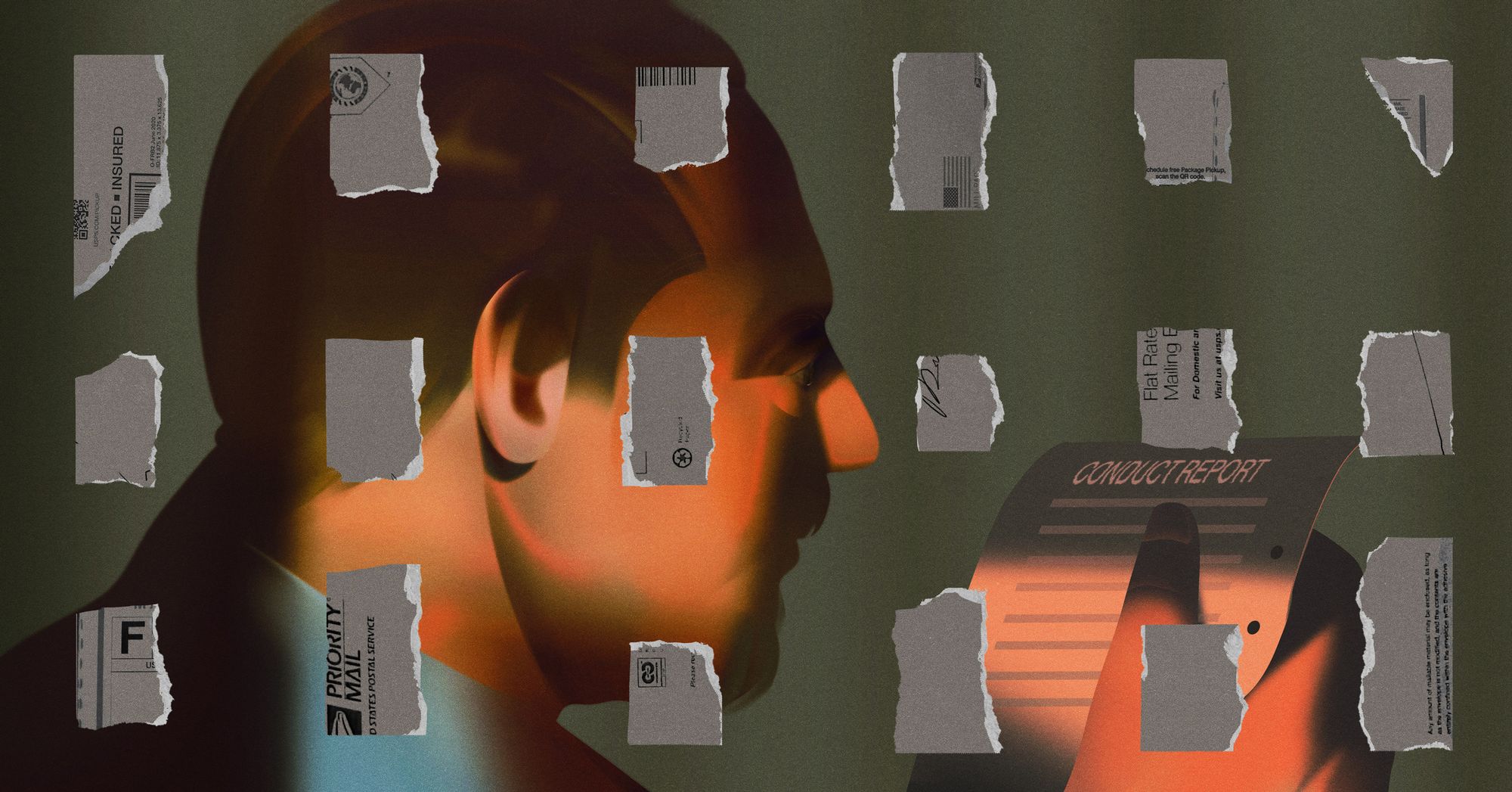 An illustration shows a closeup view of a man looking at a paper with the words “conduct report” at the top. Ripped scans of mail documents are layered on top of the illustration. 