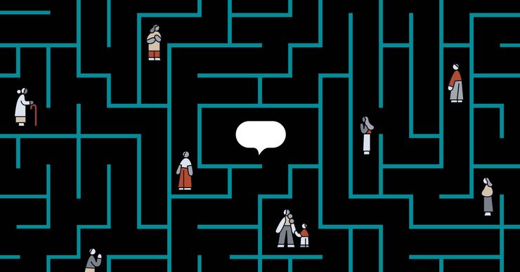 An illustration shows a maze made up of teal blue lines, on a black background. Interspersed in the maze are nine simplified figures of people of different genders and ages. In the center of the maze is a white speech bubble.