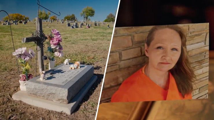 Left, a gravesite with a cross and decorated with flowers on a sunny day with blue skies; right: a White woman with medium-length brown hair wearing an orange shirt and leaning against a brown wall. 