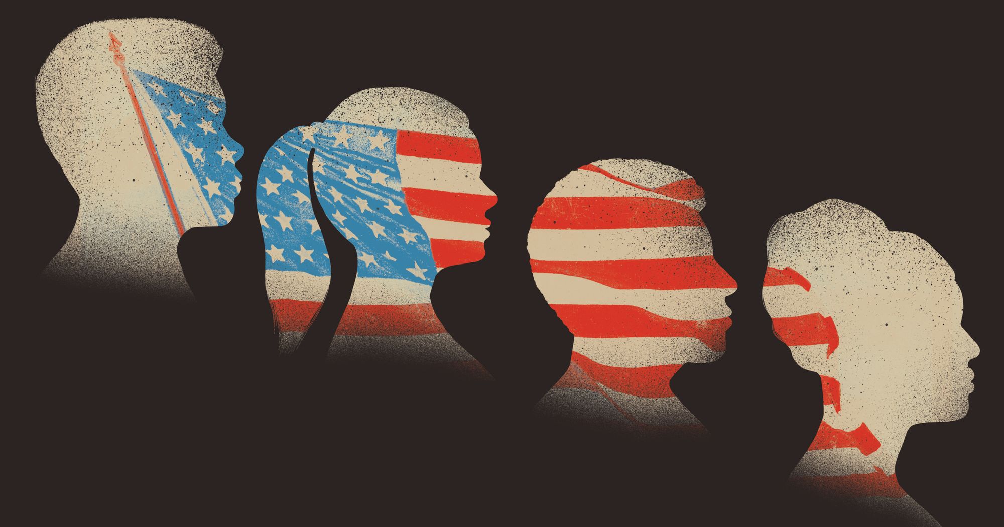 An illustration shows the side profile silhouettes of two men and two women, with an image of the American flag inside their silhouettes. 