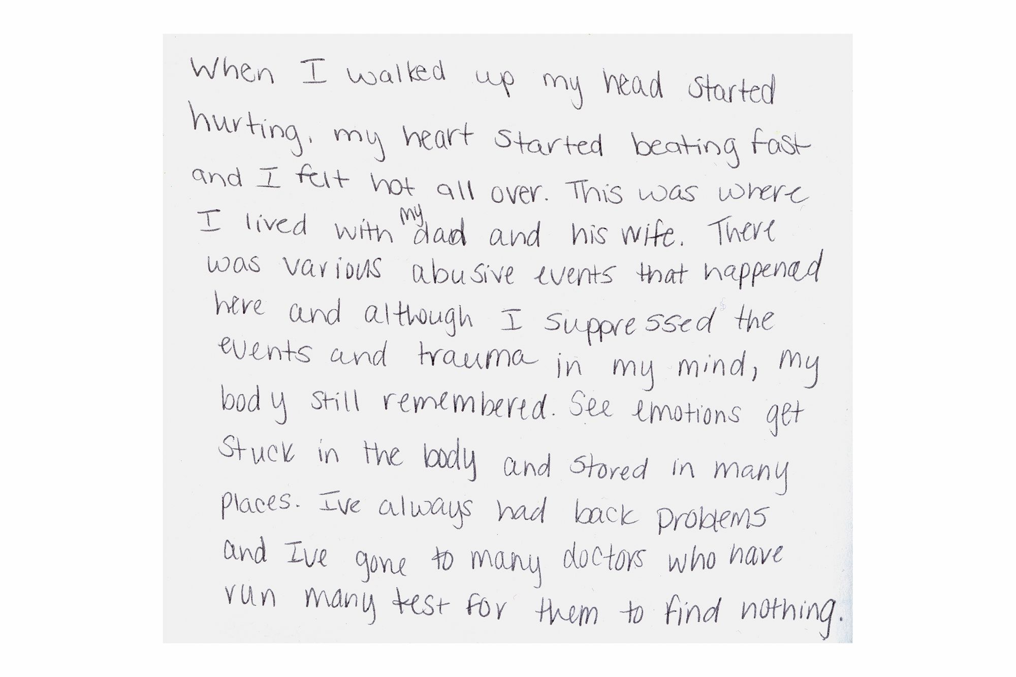 In a journal entry from Feb. 25, 2021, Chaney reflects on her visit to the home she lived in with her father while her mother was locked up, and the impact that time left on her physical and mental health. 