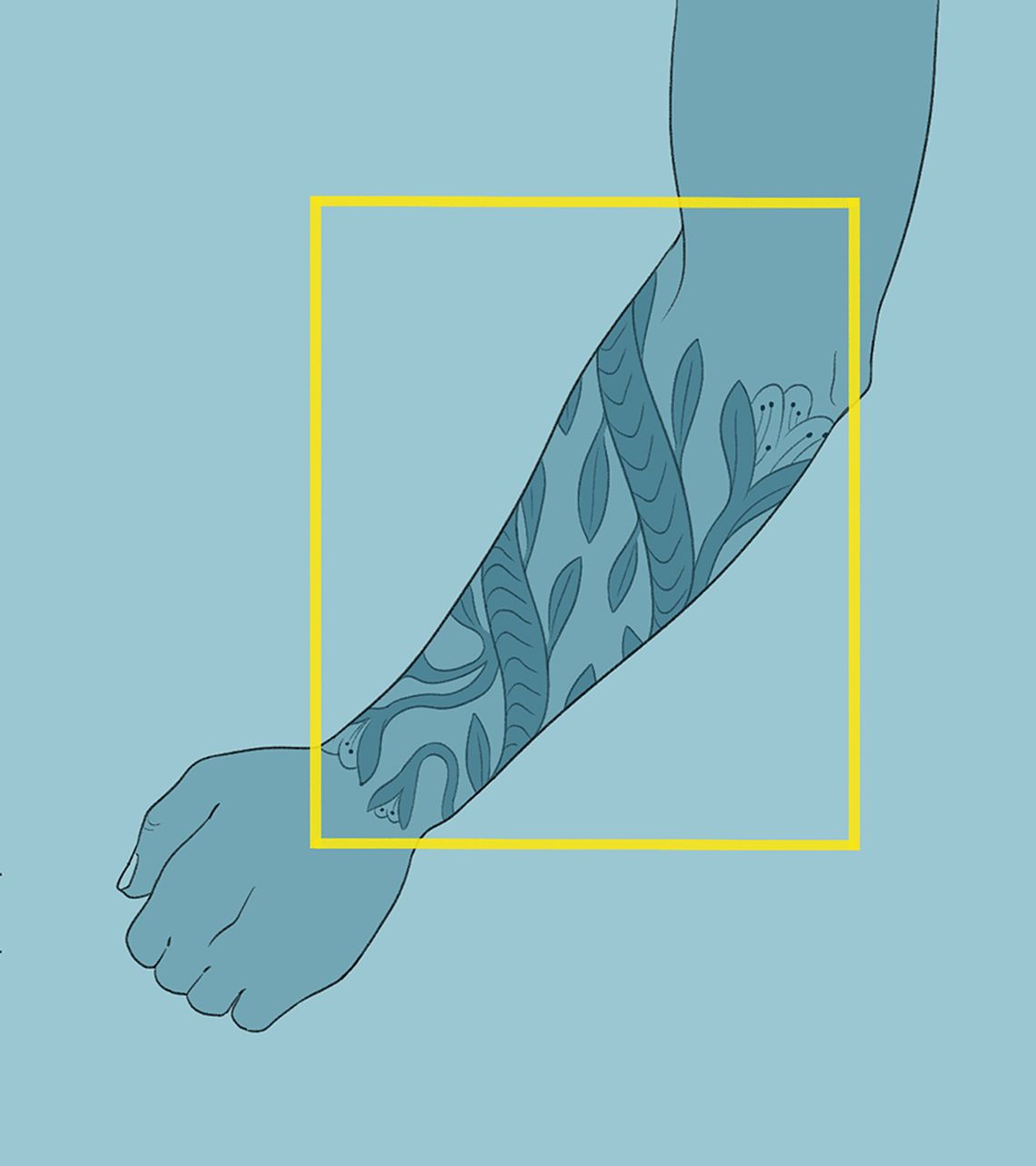 An illustration shows an arm with a tattoo highlighted by a yellow box. The illustration has a mostly blue color scheme.