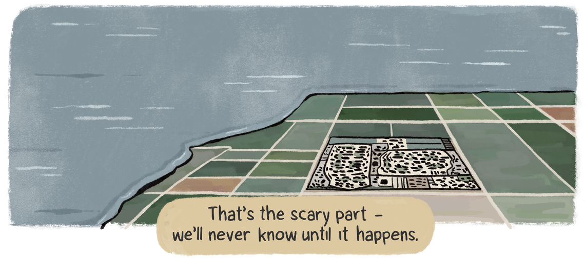 An aerial view of the Corcoran prison and the adjacent Substance Abuse Treatment Facility shows floodwaters from the lake growing, and Ajamu says, “That’s the scary part — we’ll never know until it happens.” 