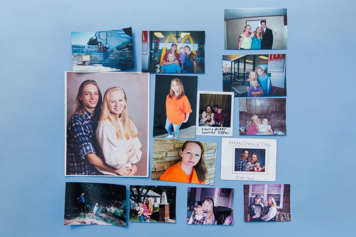 14 photos are arranged on a flat light blue surface, showing Mason, a White woman, with her children and her ex-husband. 