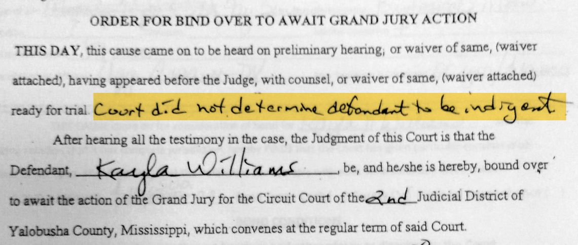 A highlighted portion of a bind over order reads “court did not determine defendant to be indigent.”