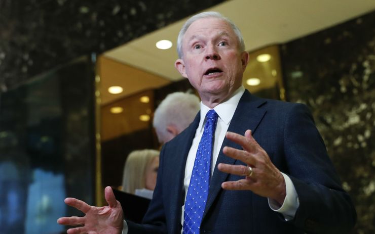 Sen. Jeff Sessions, R-Ala., speaks to media at Trump Tower.