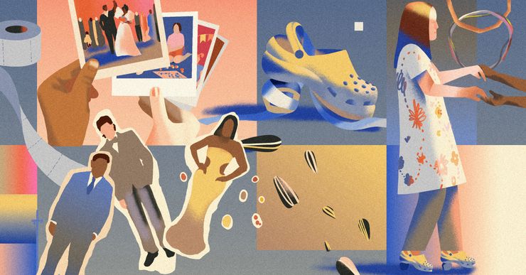 An illustration shows, clockwise: a hand with medium skin tone and a hand with light skin tone, each holding wedding photos; a Crocs clog with cloth around an improvised heel; a light-skinned woman wearing a floral-print dress while holding someone’s hands; cutouts of people in suits and dresses; and toilet paper, sunflower seeds and rings floating in the background.