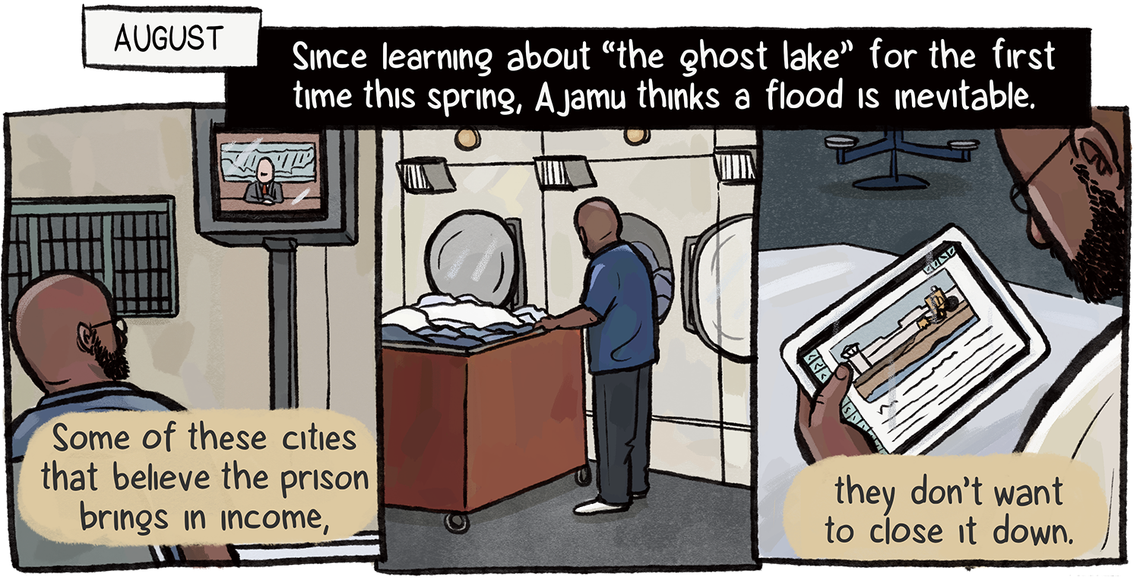 Scenes of Ajamu in a room with a wall-mounted TV, a laundry room and him reading news on a tablet. Ajamu thinks a flood is inevitable, but cities won’t close down the prisons because they bring income.