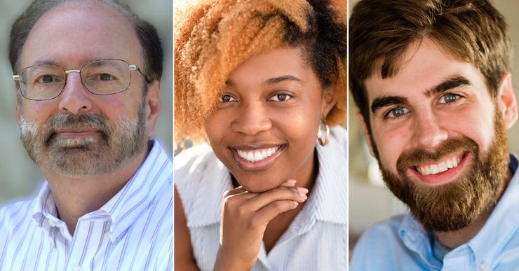 From left, headshots of Paul D'Ambrosio, a White man with glasses; Daja E. Henry, a Black woman; and Caleb Bedillion, a White man with a beard.  