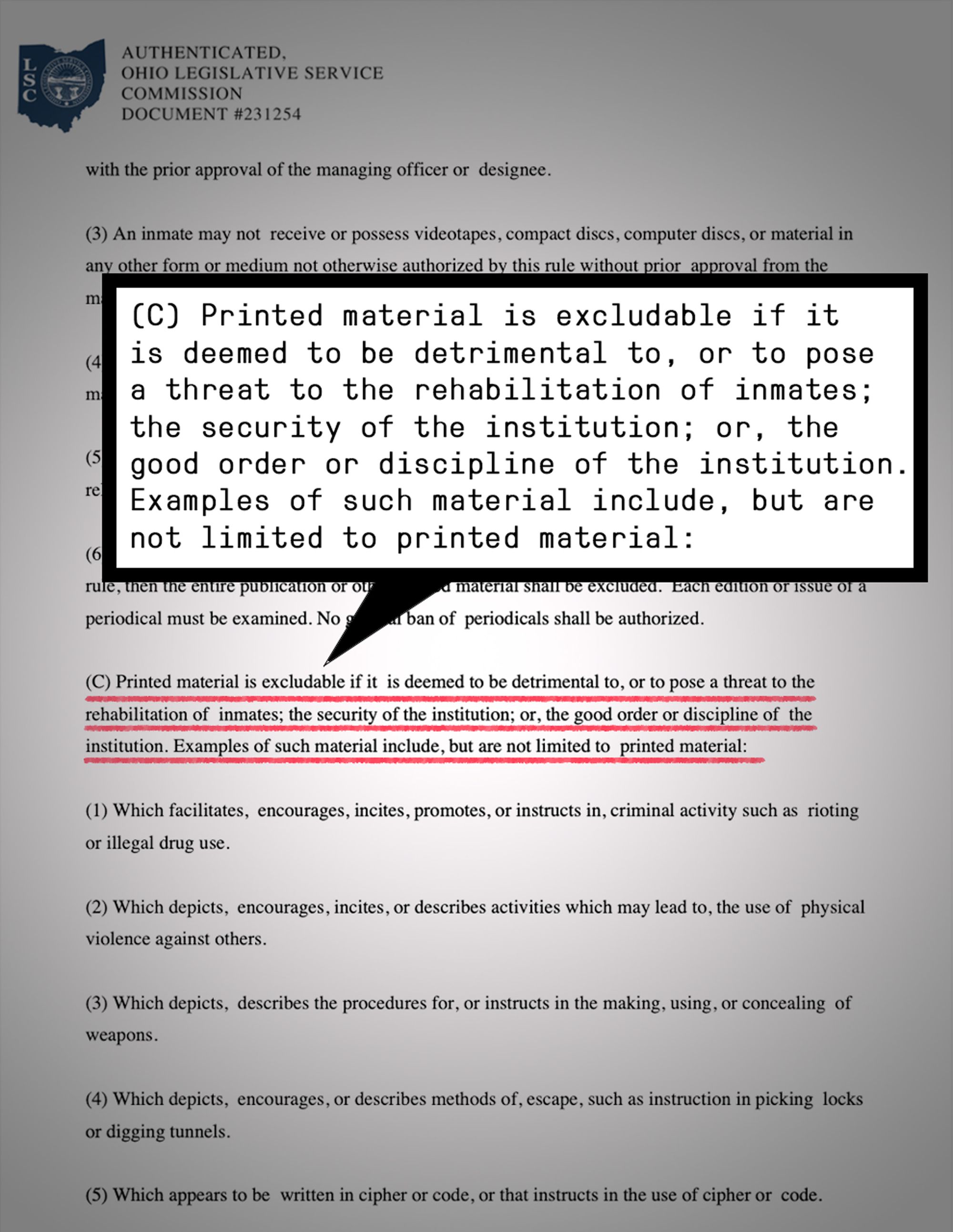 Policy memo with highlighted text that reads: “Printed material is excludable if it is deemed to be detrimental to, or to pose a threat to the rehabilitation of inmates; the security of the institution; or, the good order or discipline of the institution. Examples of such materials include, but are not limited to printed material:”