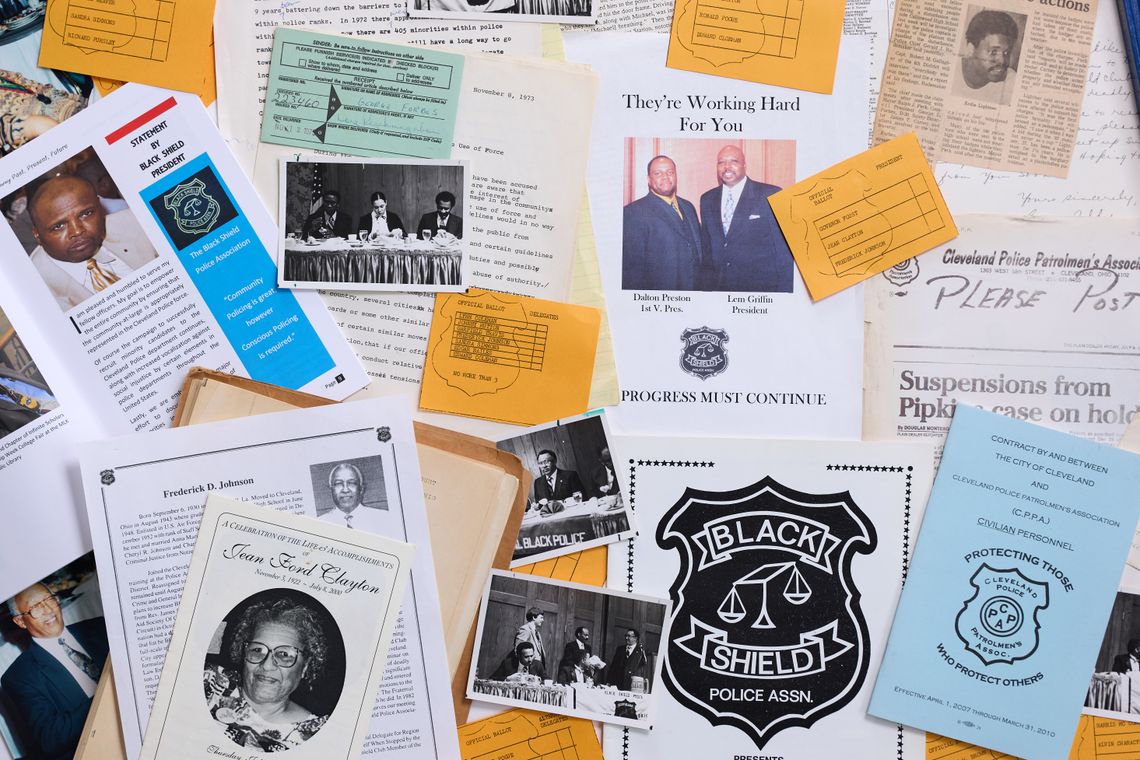 A collection of papers, photos and documents related to the Black Shield organization, including ballots for voting; a sheet with the biography of Shield Club President Frederick Johnson printed on it; and a printout of a photo of the organization’s first vice president, Dalton Preston, and president, Lem Griffin. 