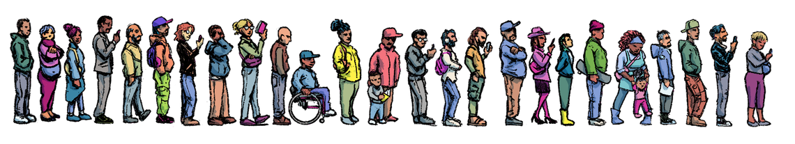 In an illustration, people of various identities wait in line.