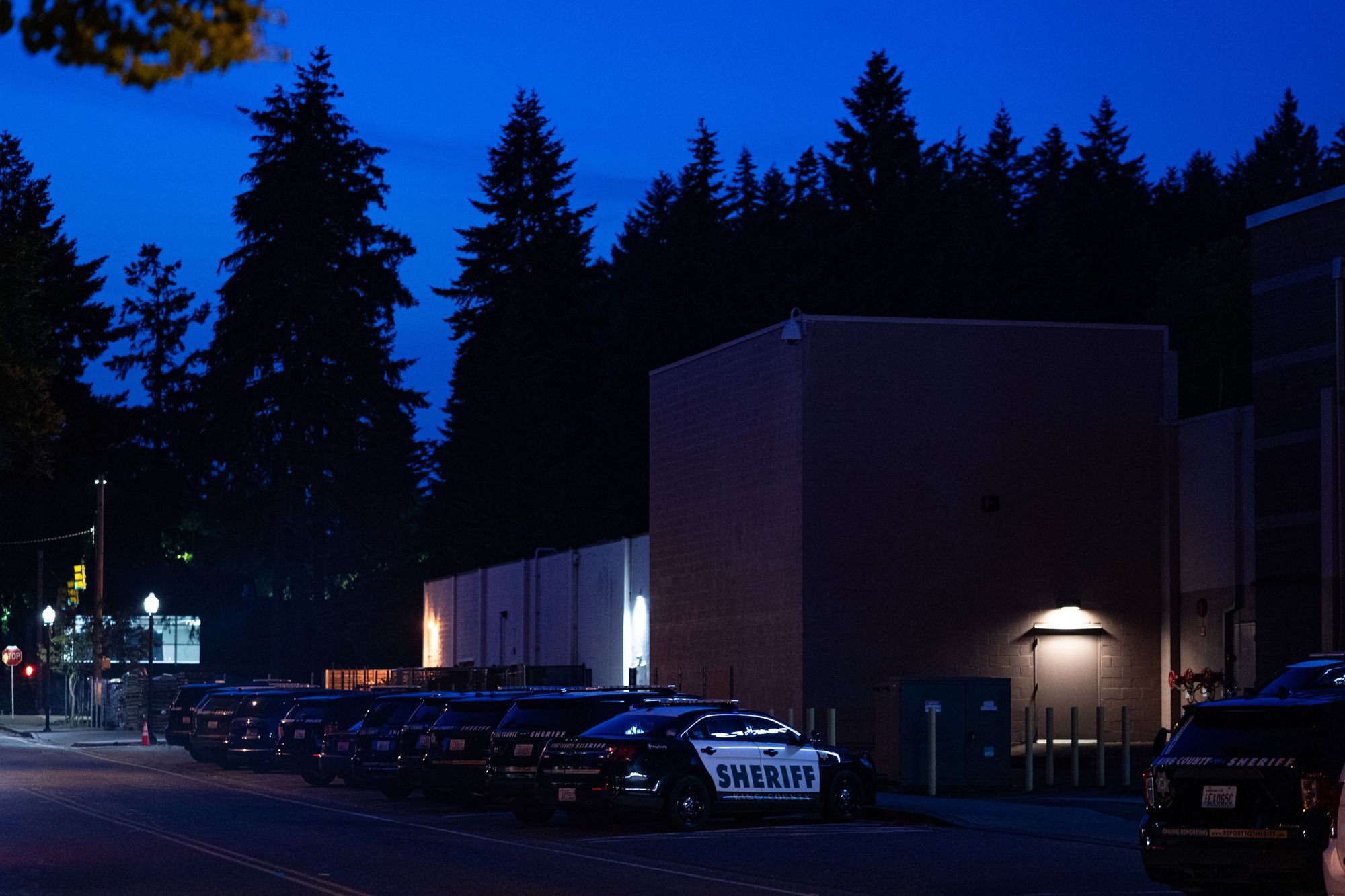 Black-and-white sheriff and police cars are parked in front of a building with a few lights on outside. It is dusk, and the sky is cobalt blue, and the silhouettes of trees are visible behind the building.  