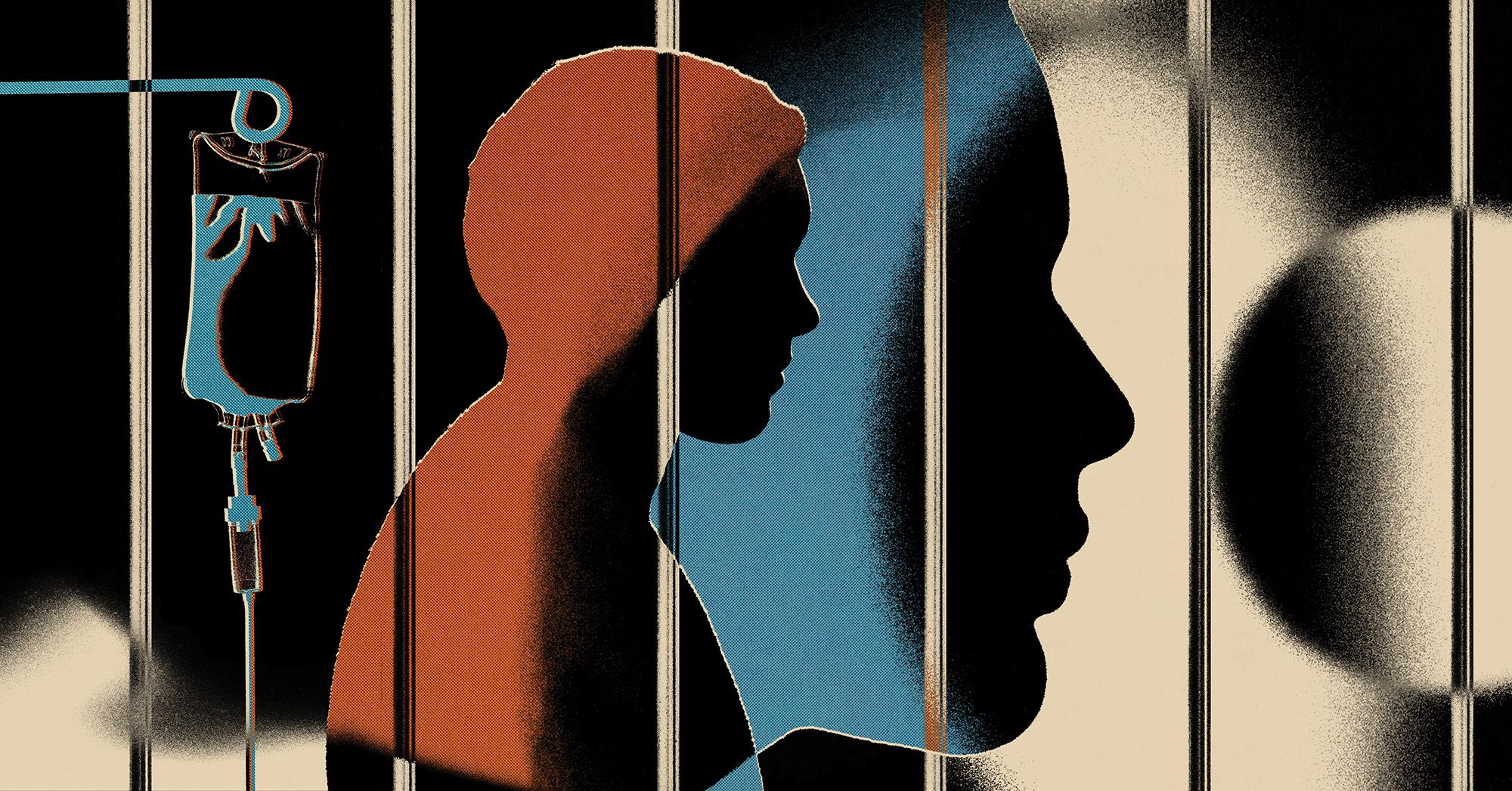 An illustration shows silhouettes of a close-up face, a side profile of a person, and an IV bag hanging from a pole. Prison bars are in the foreground.