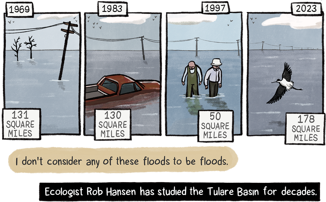 A series of flooding scenes, depicting floods and the square miles they covered, including 131 square miles in 1969, 130 in 1983, 50 in 1997 and 178 in 2023. An unseen ecologist named Rob Hansen says, “I don’t consider any of these floods to be floods.”