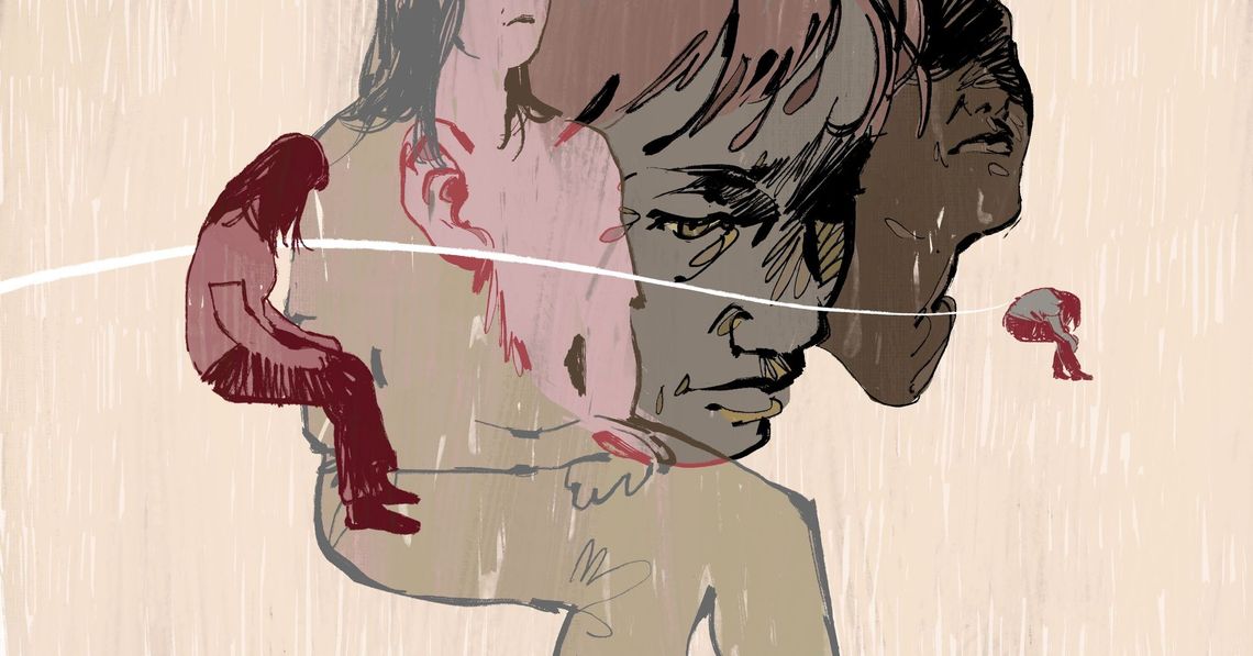 An illustration shows a transparent silhouette of a person sitting down, surrounded by outlines of faces and smaller drawings of people sitting down.