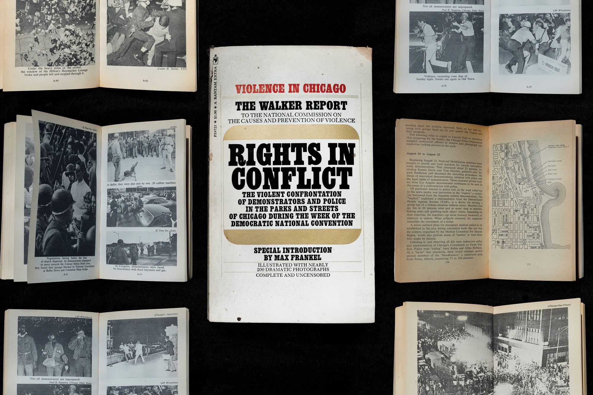 A photo illustration shows the cover and black-and-white pages of “Rights in Conflict,” a book more commonly known as the Walker Report.