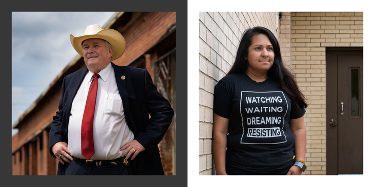 Sheriff Larry Smith, left, outside the Smith County Sheriff's office; and Dalila Reynoso near the door where detainees were released from the Smith County jail in Tyler, Texas, in March.