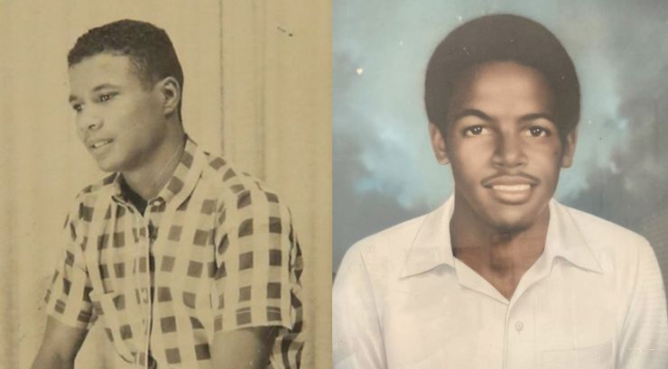 A photo diptych shows a sepia-toned photo of a young Black man, left, and a color photo of a Black teenager. The man on the left is wearing a checked shirt, and the teenager is wearing a white button-down shirt.  