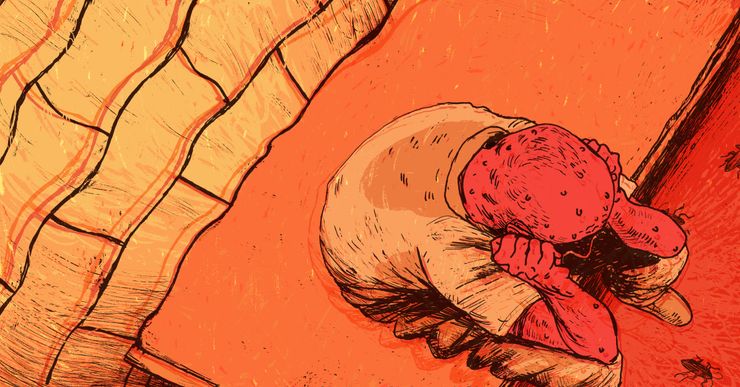An orange illustration shows a bird’s-eye view of a person in a prison uniform sitting on the edge of a bed, leaning their head on their hands, covered in beads of sweat. The wall is wavy as if from heat and there are cockroaches on the floor.