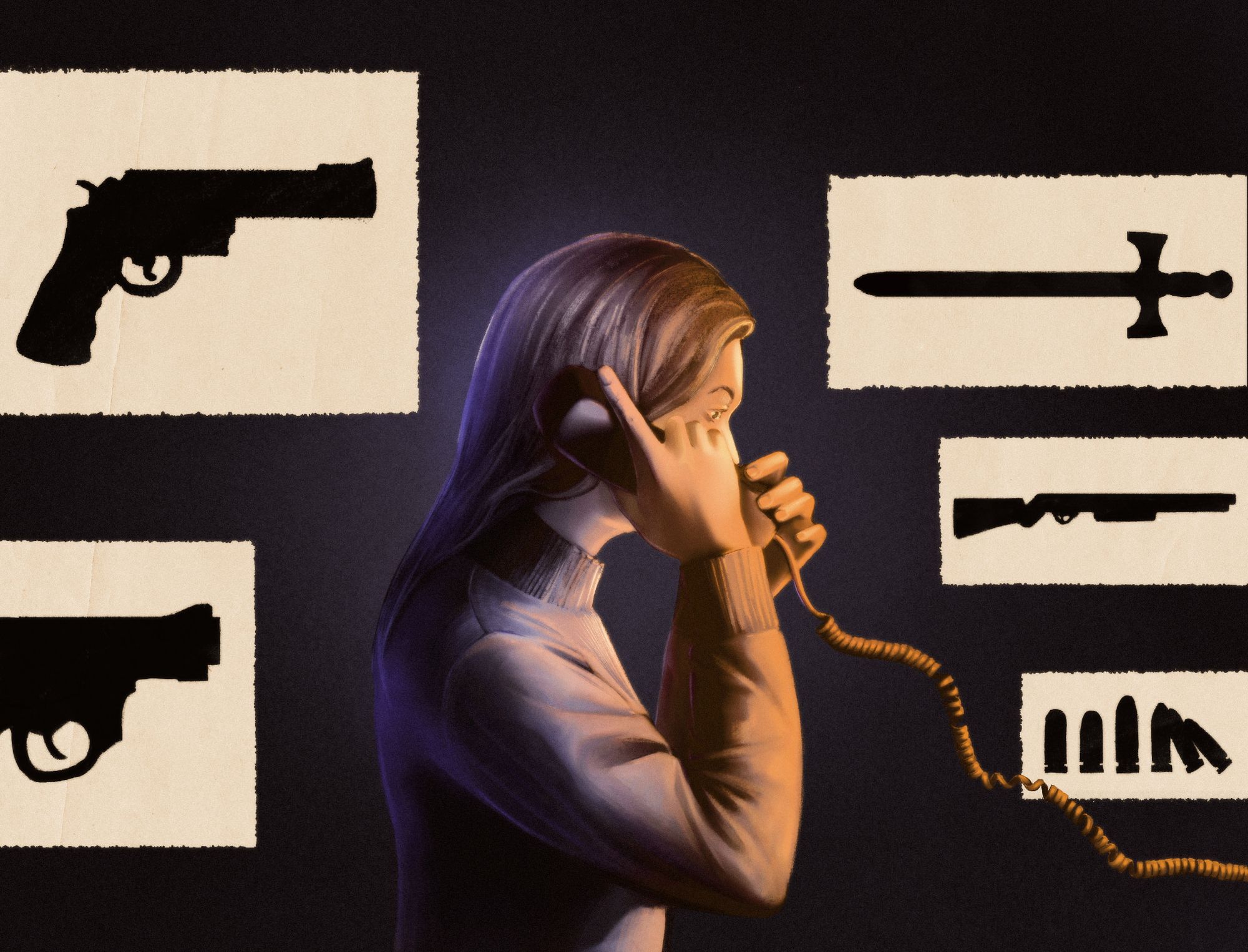 An illustration shows a woman, in shades of purple and orange, facing the right side of the image, holding a phone to her ear that is connected to a coiled cord. Five beige rectangular boxes surround her. Clockwise from the lower left, the  boxes show silhouettes of a gun, another gun, a sword, a rifle, and bullets. 