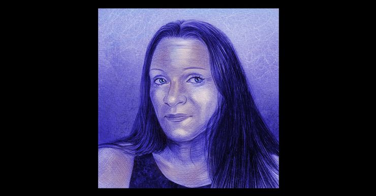 An illustration in purple tones shows a portrait of a woman with blue eyes, with her hair down and wearing a tank top. 