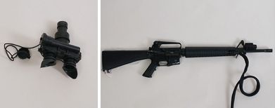 Examples of night-vision goggles and a simulated M-16A2 rifle obtained from the Department of Defense by the Government Accountability Office through a fictitious law enforcement agency.