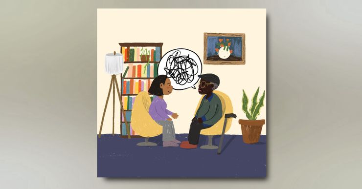 An illustration shows a tan-skinned person, wearing a purple sweater and gray pants, talking to a Black person across from them who is wearing glasses, a green sweater and black pants. A speech bubble with a scribble inside points from the Black person. In the background, there is a lamp, a bookshelf, a hanging frame and a plant.