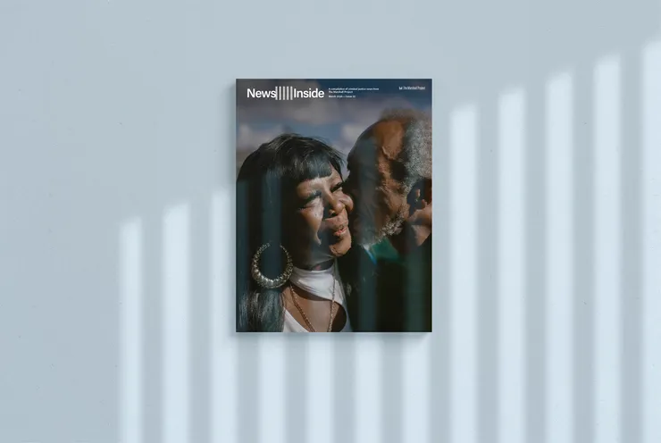 A magazine called News Inside set against a grainy light blue backdrop. Light refracted through prison bars shines onto the magazine.