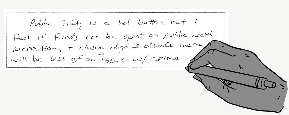 An illustration shows a hand holding a pen over a survey response that says: "Public safety is a hot button, but I feel if funds can be spent on public health, recreation and closing digital divide there will be less of an issue w/crime."