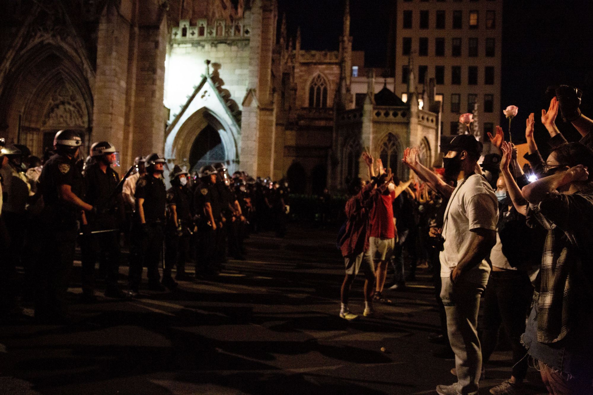 Police and protestors face off in lower Manhattan shortly before police dispersed protestors with batons.