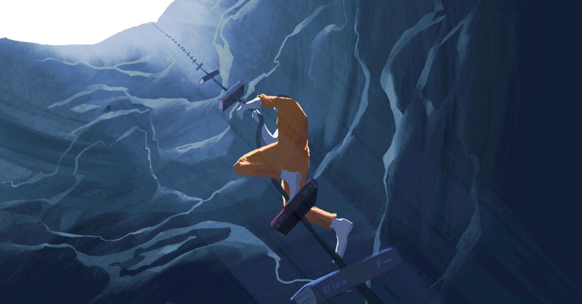 An illustration shows an incarcerated individual climbing up a rope out of a cave. 