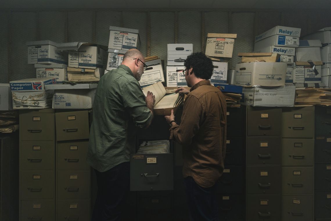 Chip Brantley and Andrew Beck Grace, hosts of the “White Lies” podcast, at the Dallas County Judicial Archives. 