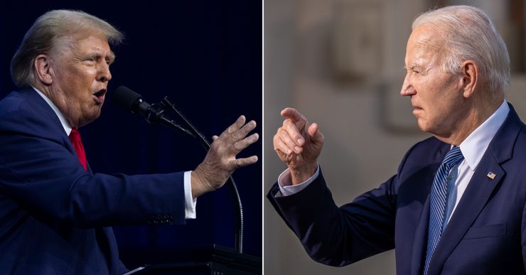 A photo diptych shows former President Donald Trump, a White man wearing a dark blue suit and red tie, gesturing with his arm, on the left, and President Joe Biden, a White man in a dark blue suit and striped blue and white tie, gesturing with his arm, on the right.  